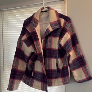 Plaid Teddy Jacket in Cream & Burgundy - Women's Cozy Shacket